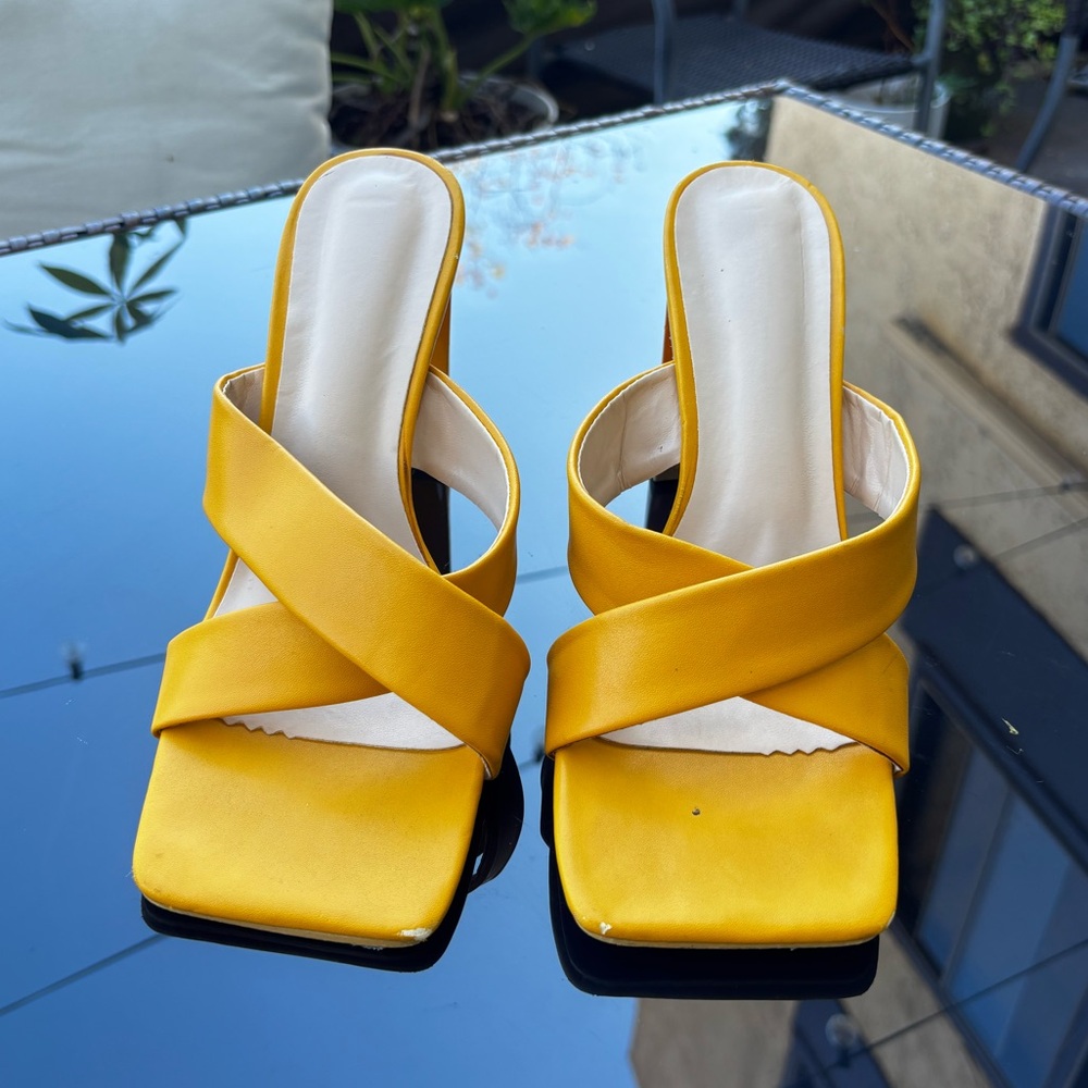 Chic Yellow Strappy Block Heels, Square-Toe, Fun Statement Shoes in Size 9